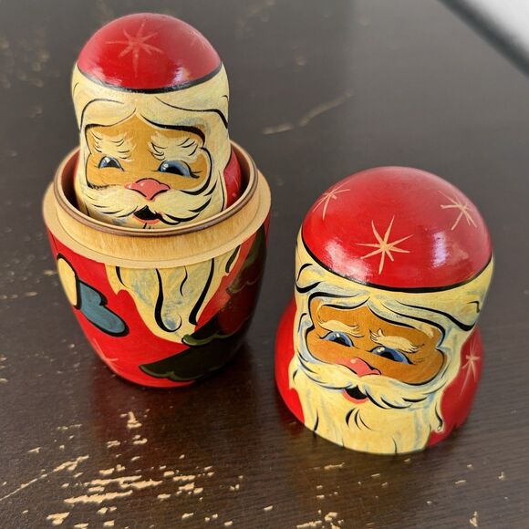 Vintage Hand Painted Nesting Santa Set Of 4 Russian Santa Claus Dolls - Picture 10 of 11